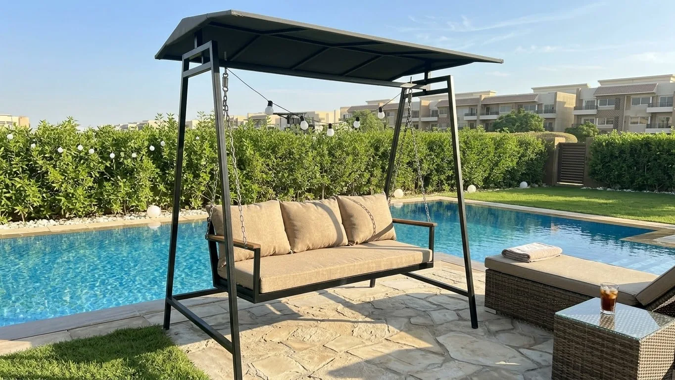3-Person Metal Swing – Black and Beige by Nestica - Outdoor Swings